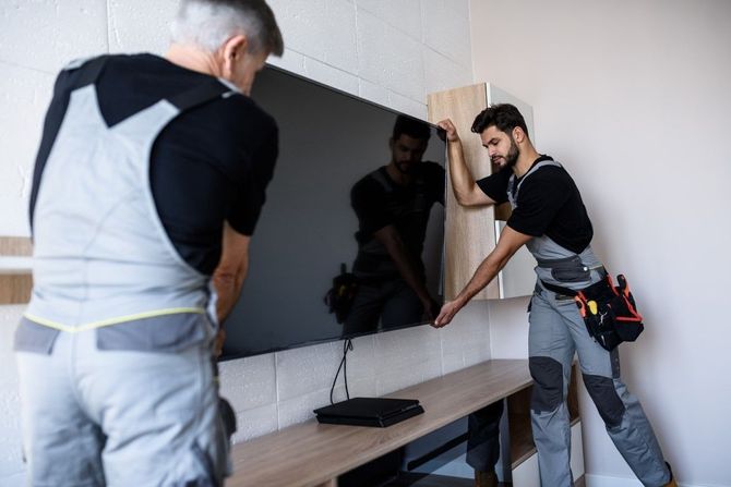 Two workers mounting a large flat-screen TV on a wall in a room