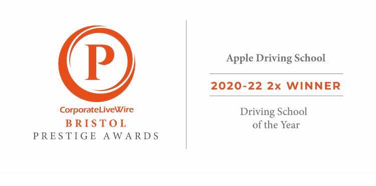 Award logo for Apple Driving School, named Driving School of the Year 2020-22. Features a circular emblem with an orange 