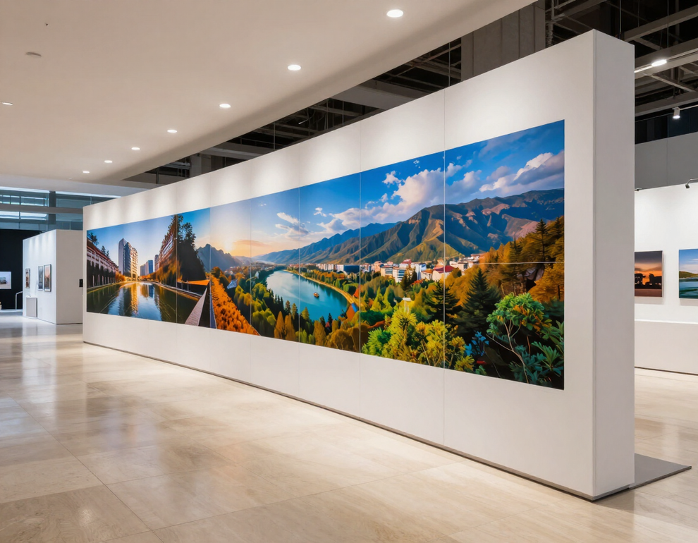 Ampia fotografia panoramica di un paesaggio esposta su una parete bianca in uno spazio espositivo moderno.