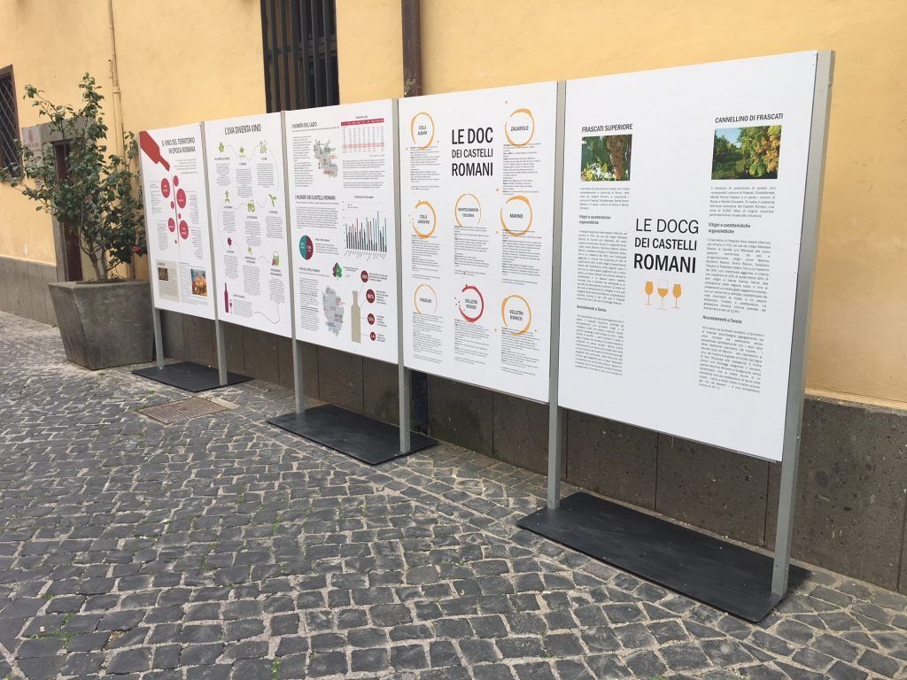 Pannelli espositivi esterni con poster colorati su un vialetto lastricato accanto a un muro giallo