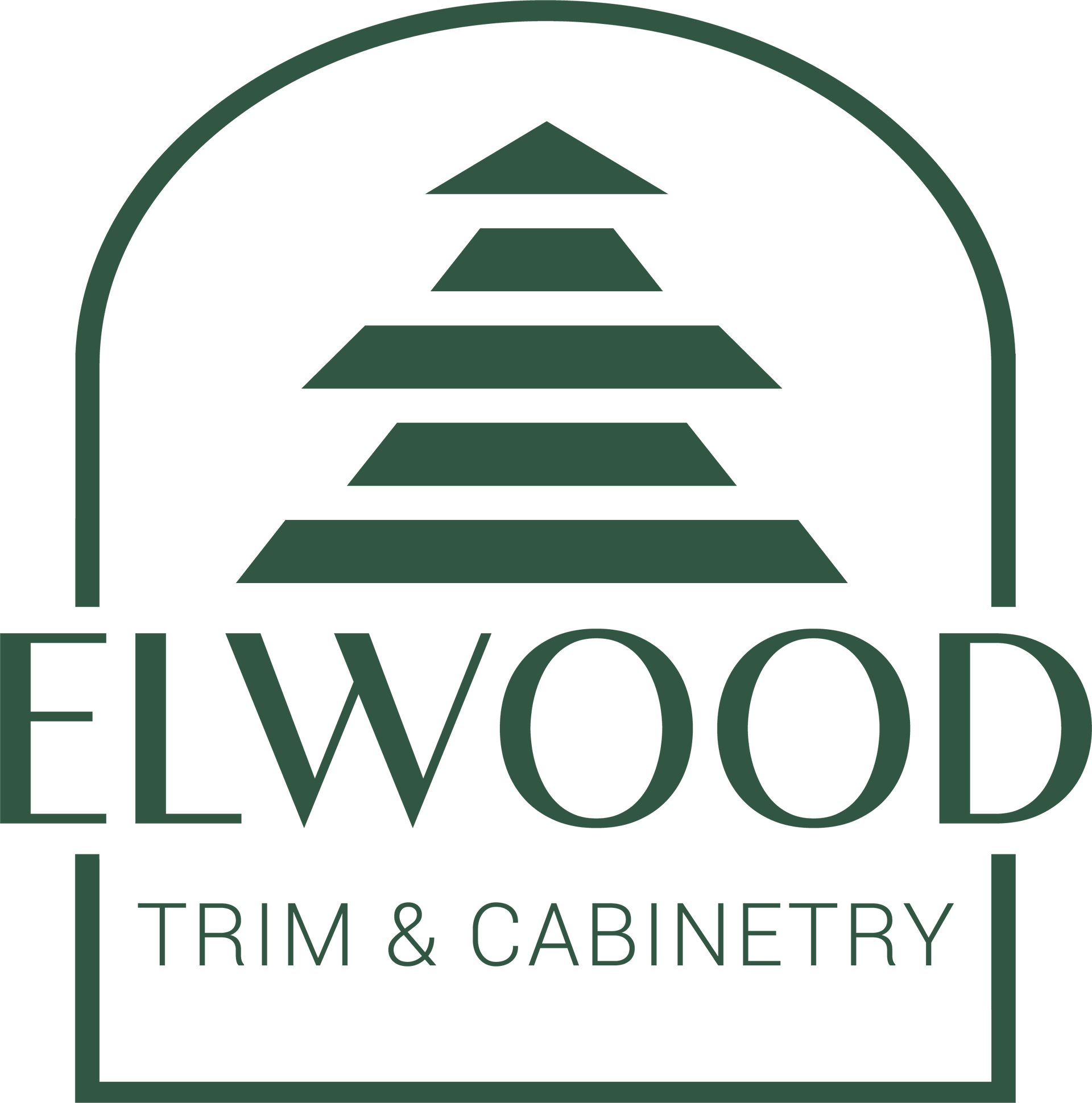 Logo for Elwood Trim & Cabinetry with a green fir tree icon inside a green arched outline.