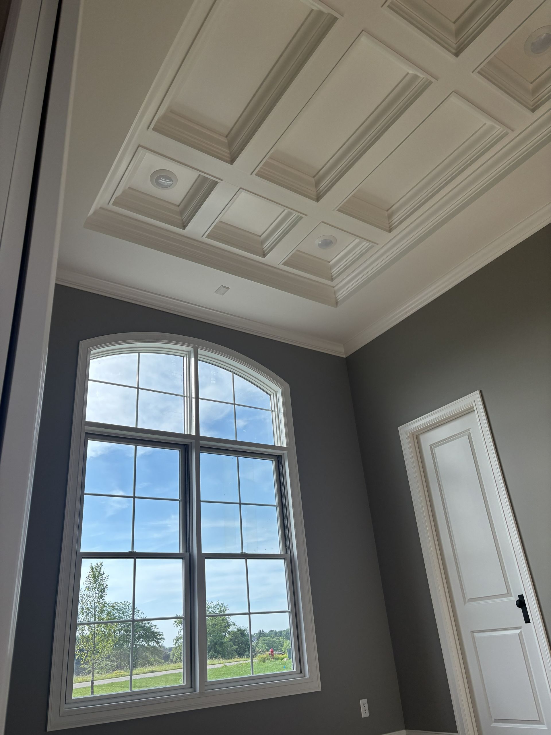 Interior view: White coffered ceiling, large arched window, gray walls, white door.
