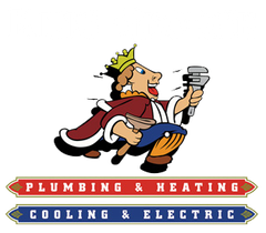 Cartoon plumber king holding tools above “Plumbing & Heating” and “Cooling & Electric” banners