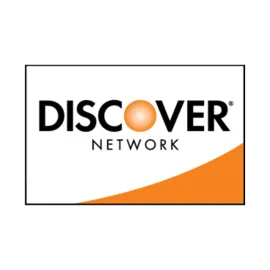 A white and orange logo for discover network