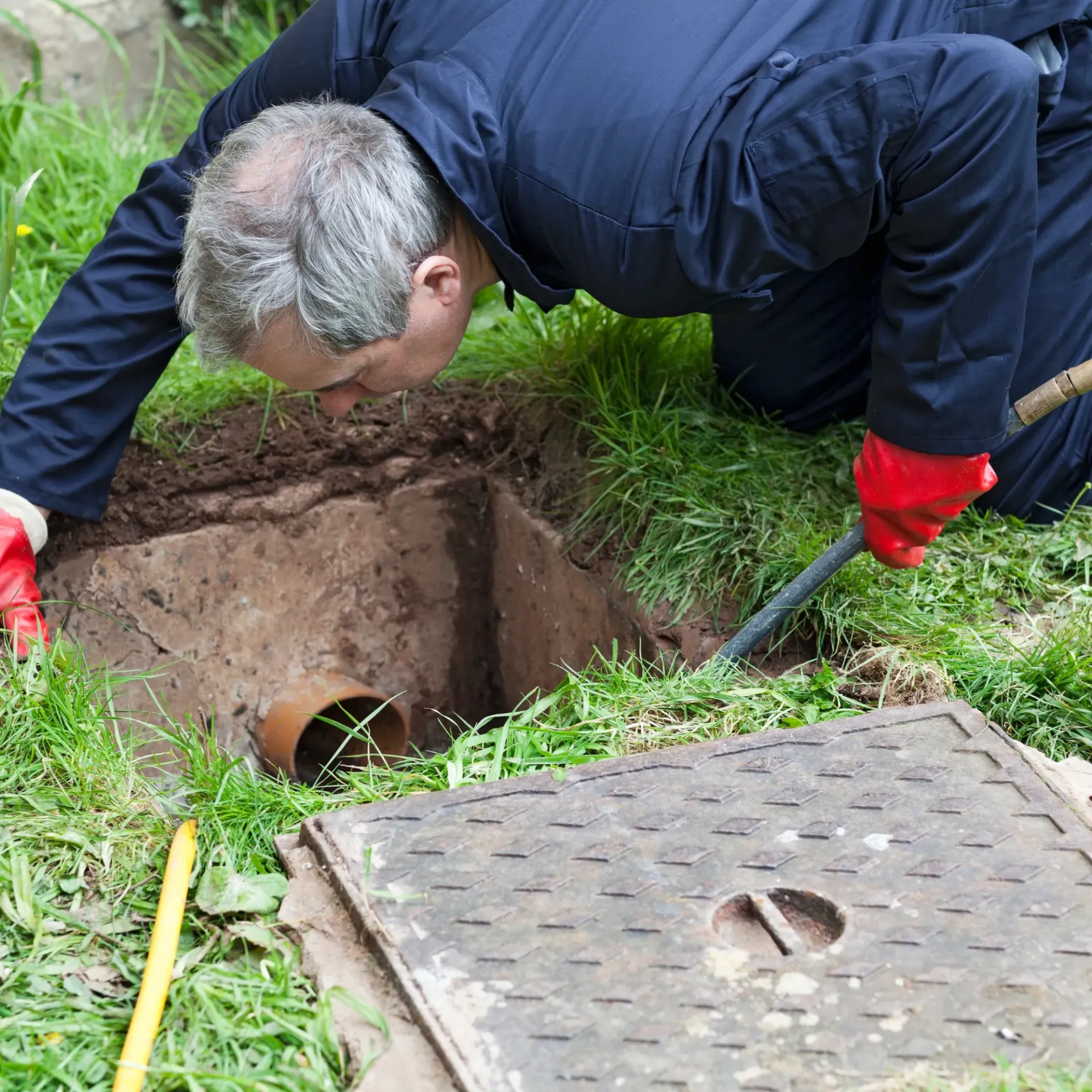 Replacementzone Plumbing - A man is digging a hole in the ground with a shovel.II