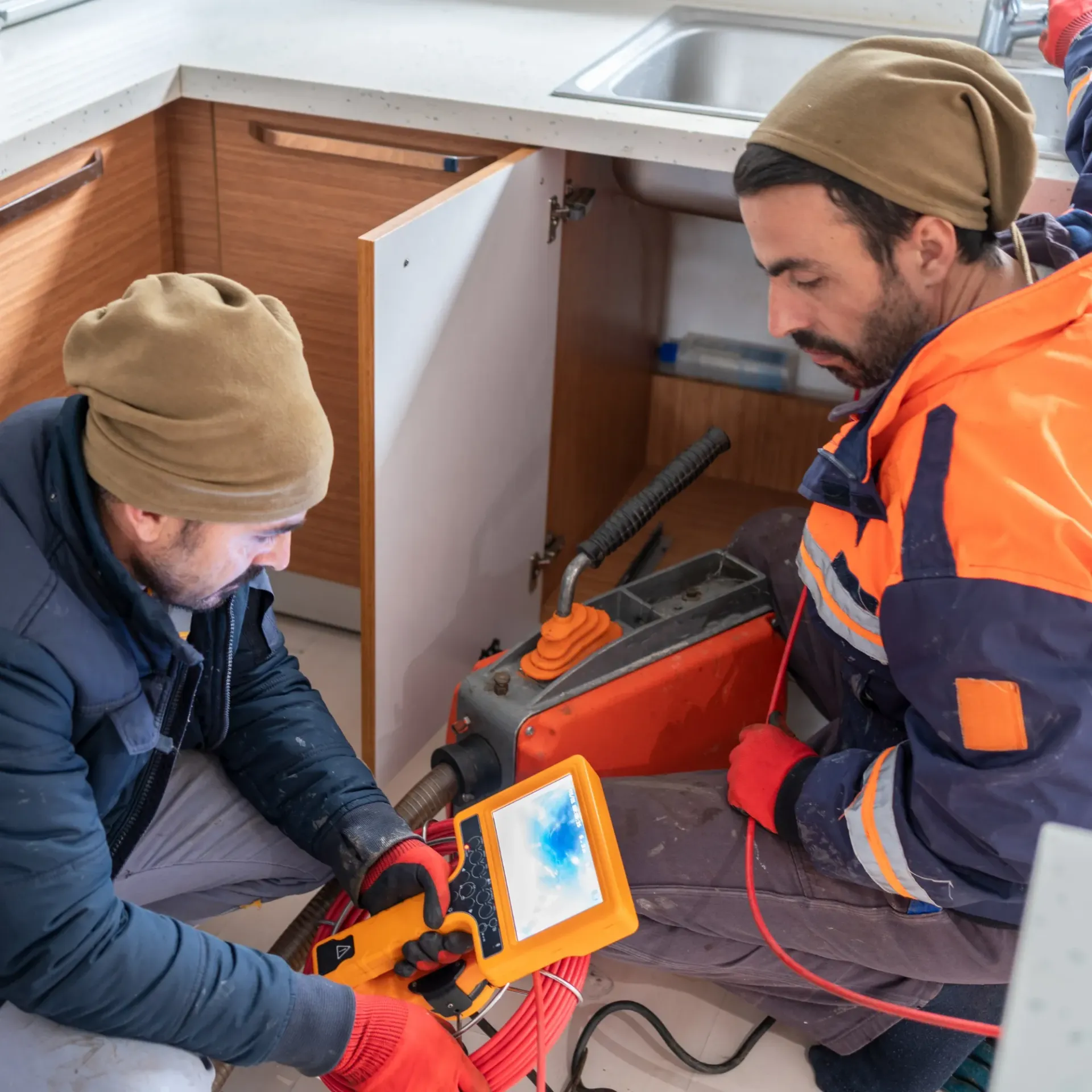 Replacementzone Plumbing - Two men are working on a drain in a kitchen II