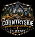 Countryside Land Clearing & Demolition logo with excavator, bulldozer, trees, stars, phone number, and Bonfield, IL