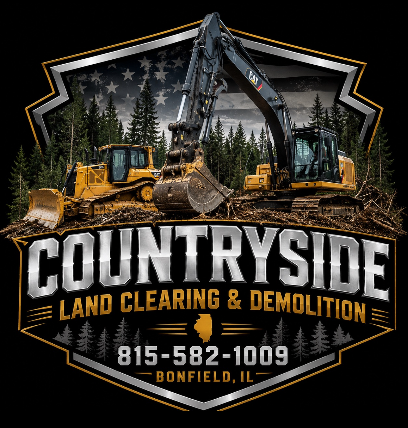 Countryside Land Clearing & Demolition logo with excavator, bulldozer, trees, stars, phone number, and Bonfield, IL