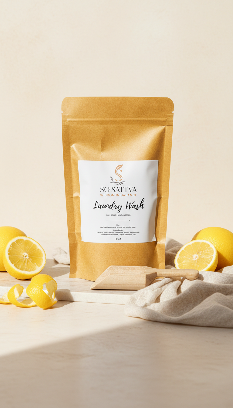 A hand pours white laundry powder from a wooden scoop into a beige pouch labeled