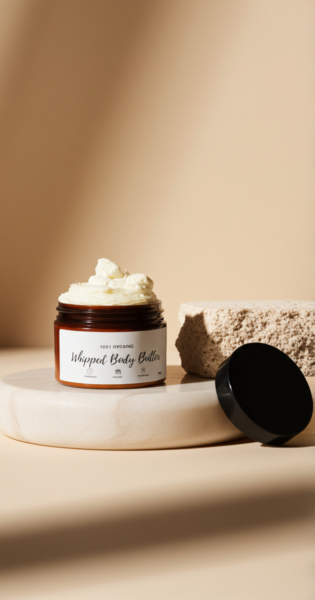 An open jar of whipped body butter sits on a white stone pedestal next to its black lid against a beige background.