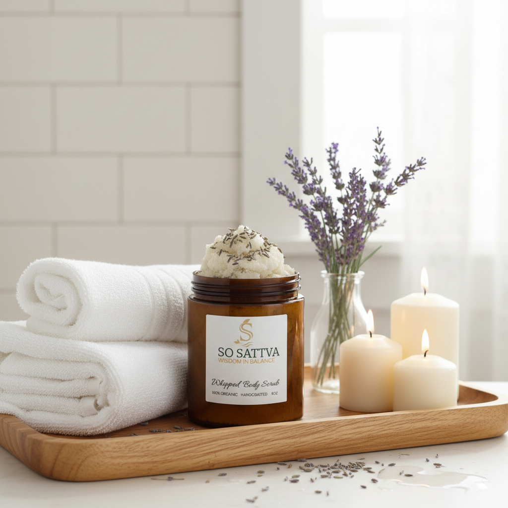 A person applies lavender sugar scrub to their leg by a bathtub with white towels, sprigs of lavender, and lit candles.