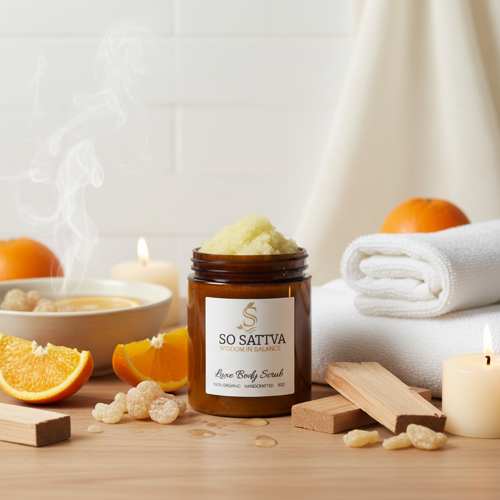 A jar of body scrub labeled
