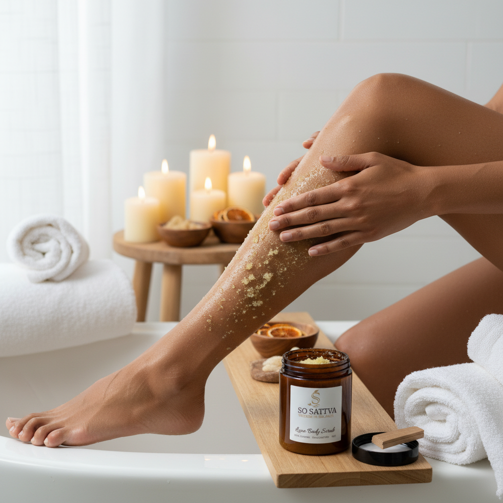 A jar of body scrub labeled
