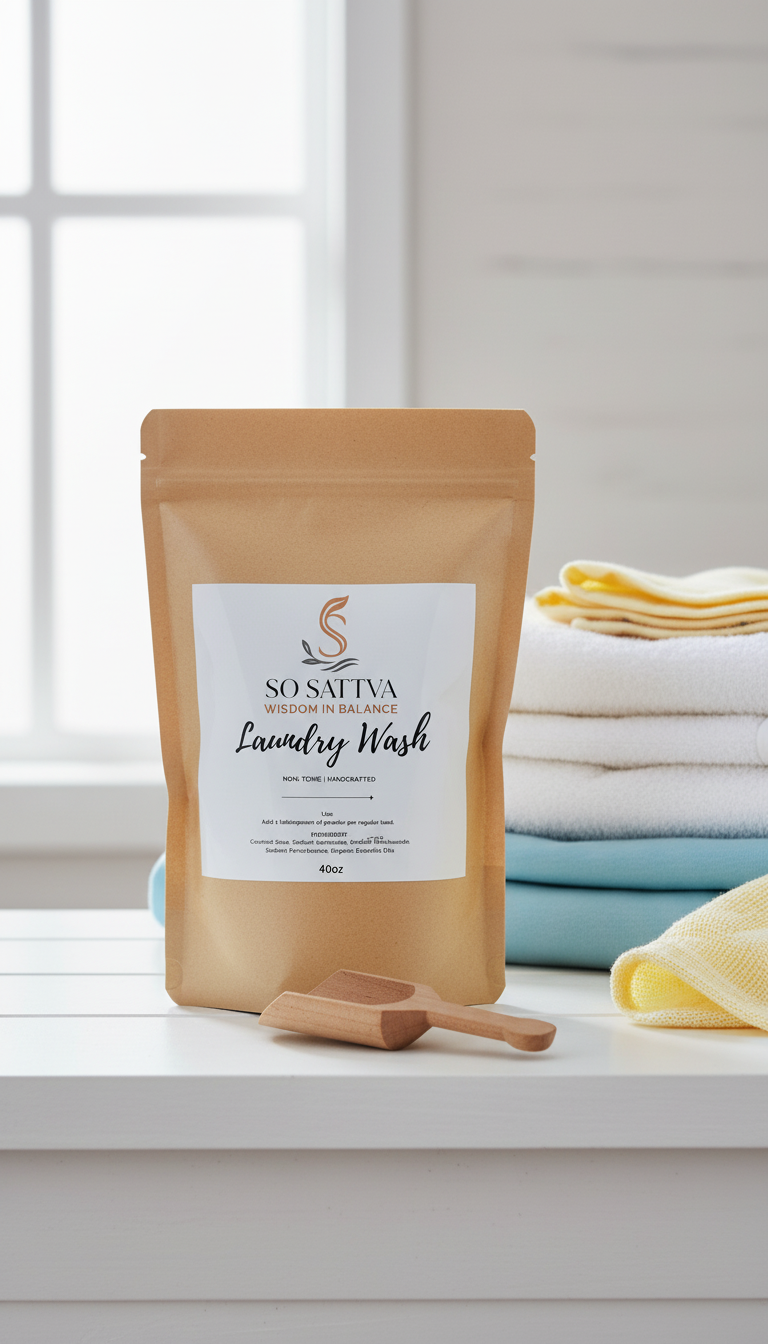 Brown resealable pouch on a white counter with folded towels and wooden scoops in a bright bathroom-like setting