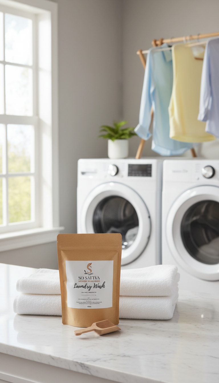 Brown resealable pouch on a white counter with folded towels and wooden scoops in a bright bathroom-like setting