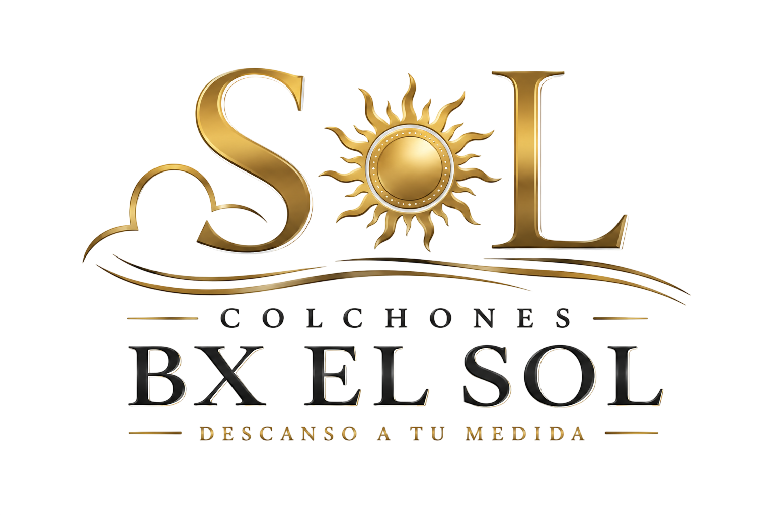 Logotipo del colchón “SOL BX EL SOL” en dorado y negro con un icono de sol y el texto “Colchones” y “Descanso a tu medida”.