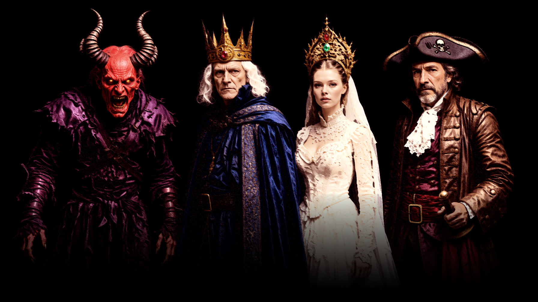 Examples of Gothic-inspired costumes for the Hallows’ Eve Monster Bash, including a horned demon, a crowned noble, a Victorian bride, and a pirate captain.
