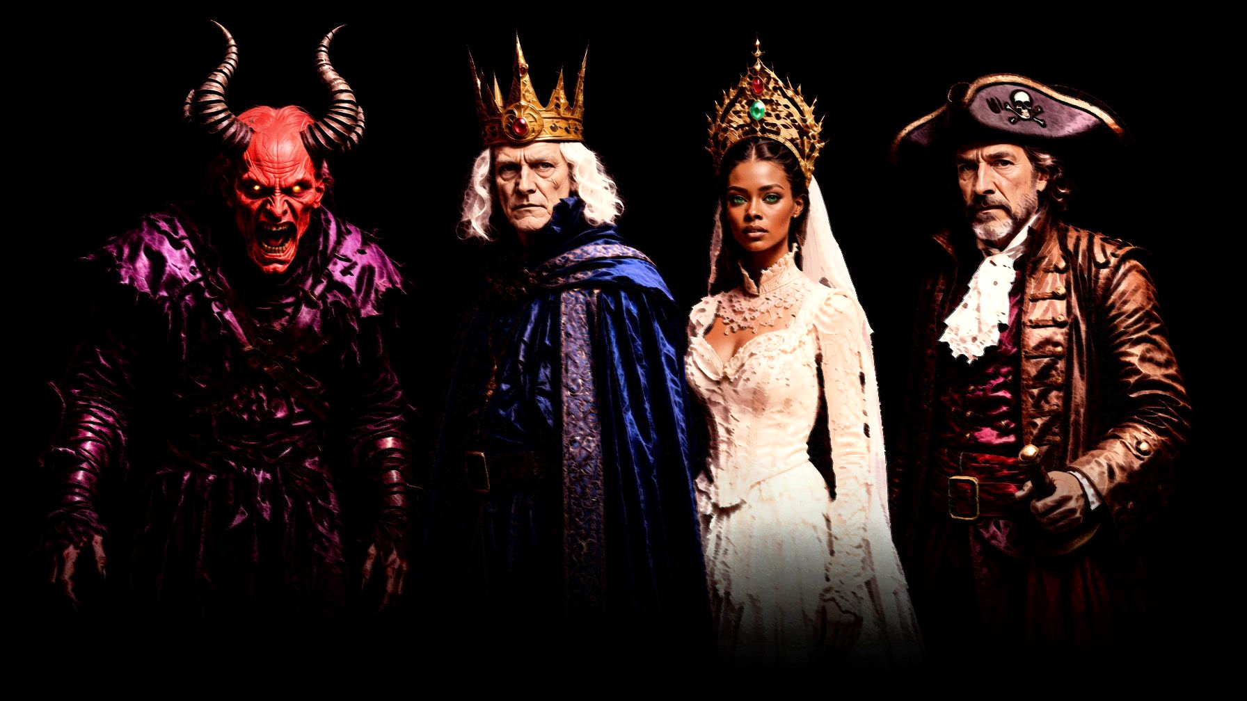 Examples of Gothic-inspired costumes for the Hallows’ Eve Monster Bash, including a horned demon, a crowned noble, a Victorian bride, and a pirate captain.