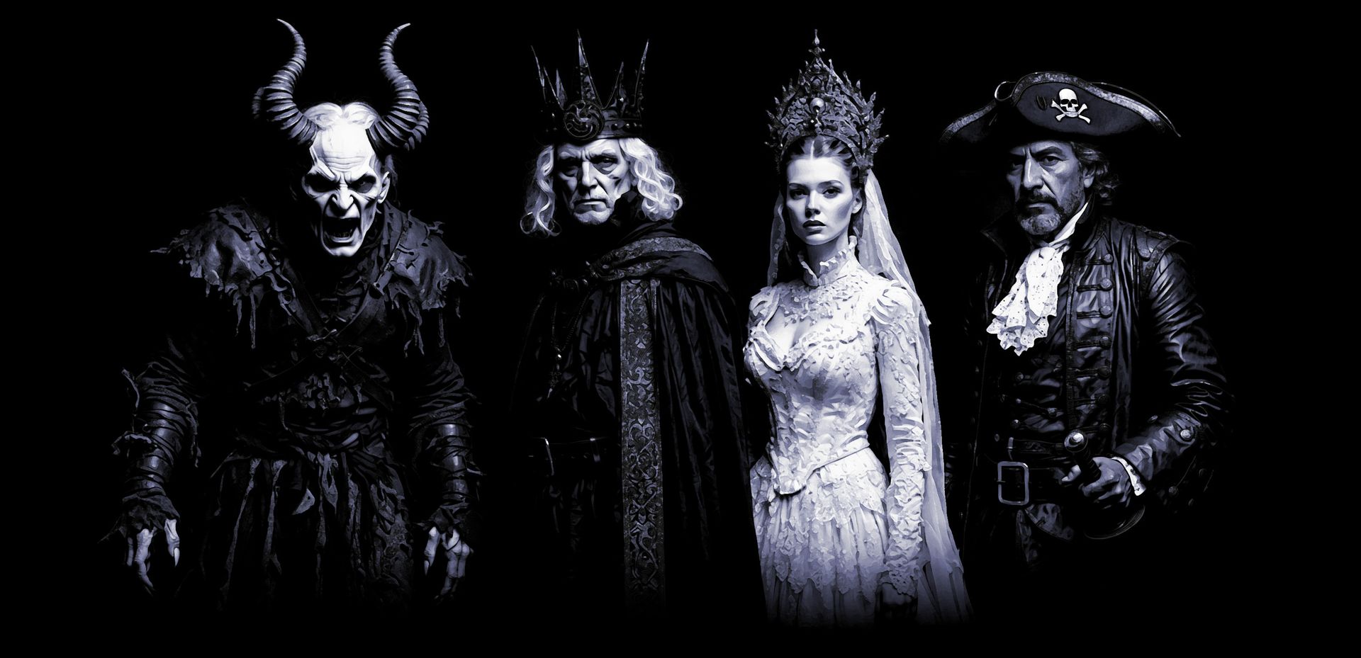 Examples of Gothic-inspired costumes for the Hallows’ Eve Monster Bash, including a horned demon, a crowned noble, a Victorian bride, and a pirate captain.