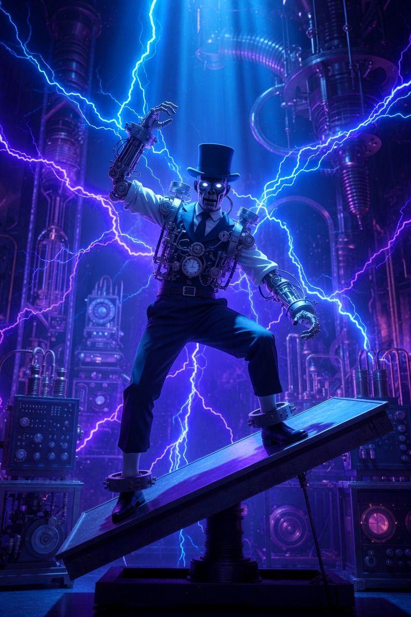 Frankenstein breaking free in a Tesla-style laboratory filled with lightning during his Electric Blue set at the Hallows’ Eve Monster Bash.