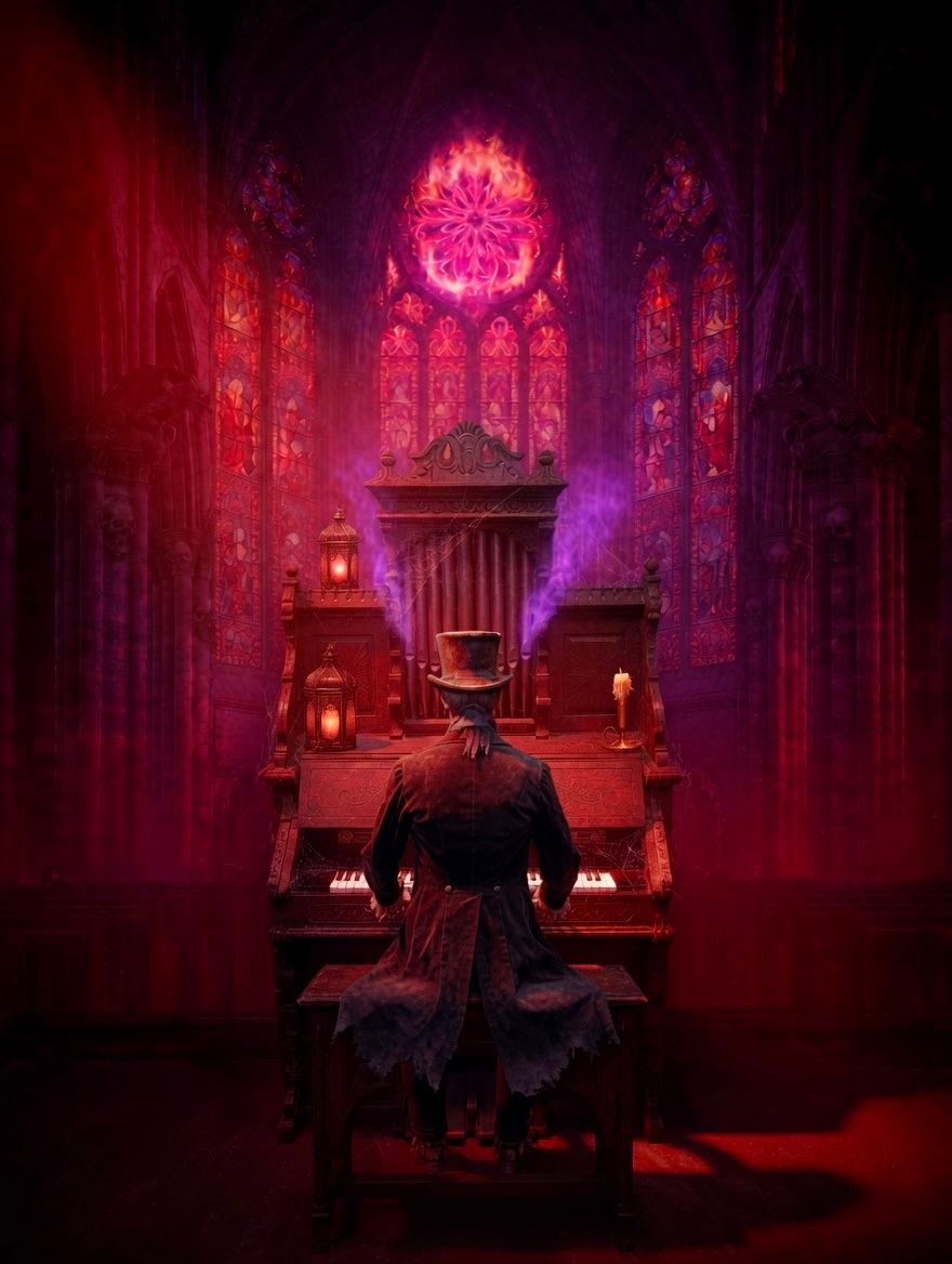 Dramatic red and purple lighting on the antique pipe organ during the Hallows’ Eve Monster Ball at Rosewood Event Space.