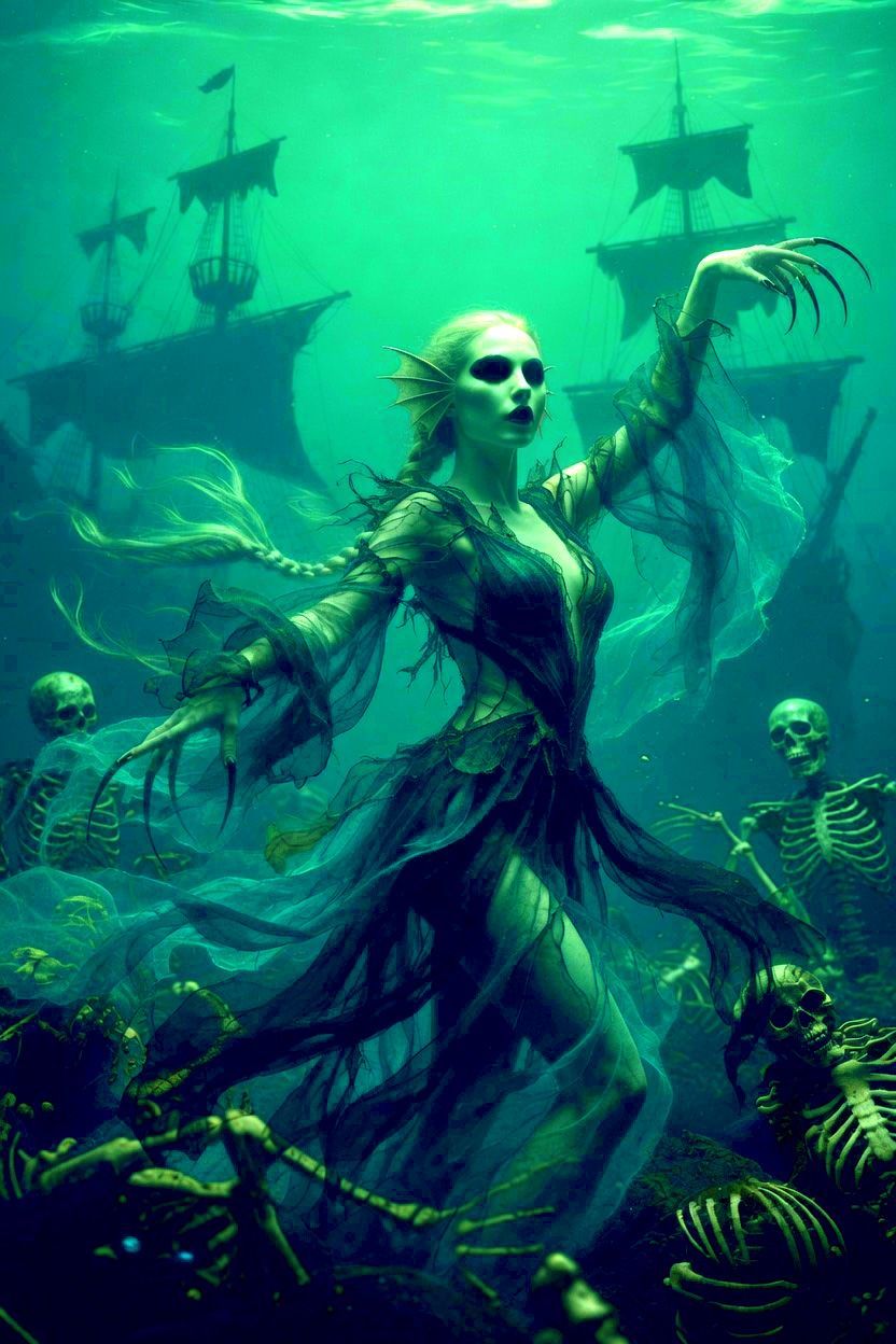 The Siren rising from the water in an eerie green underwater ship graveyard during her performance at the Hallows’ Eve Monster Bash.