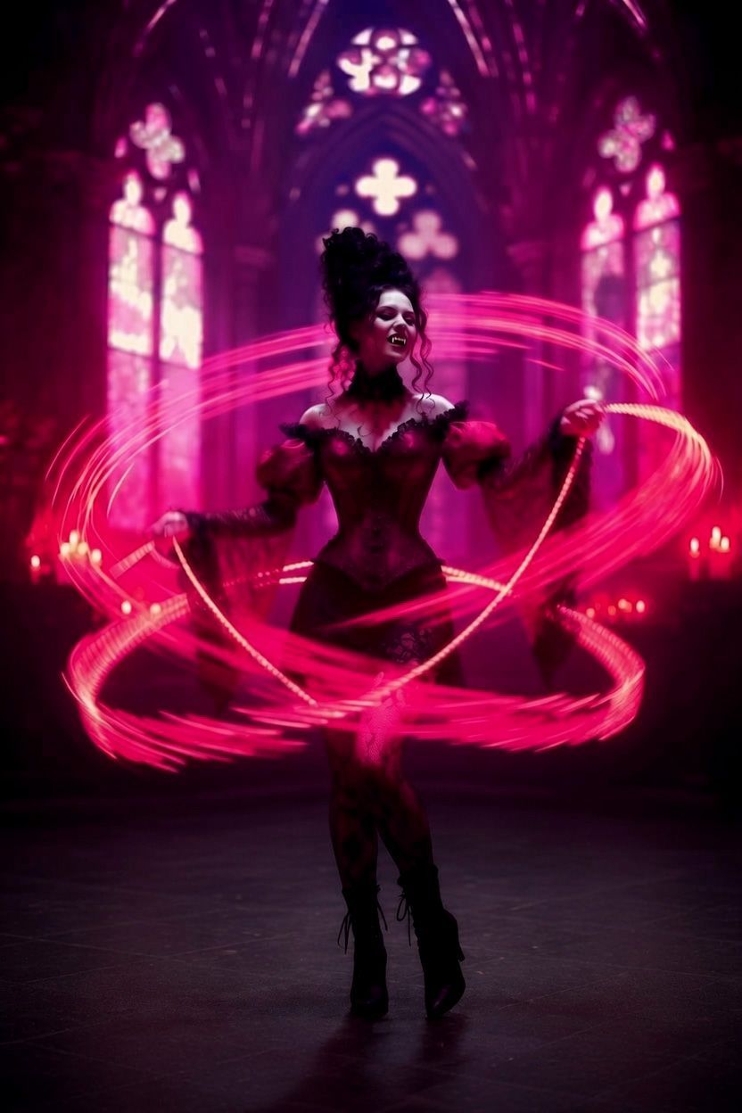 The Vampire performer on stage surrounded by glowing pink LED rings during her Crimson Red set at the Hallows’ Eve Monster Bash.