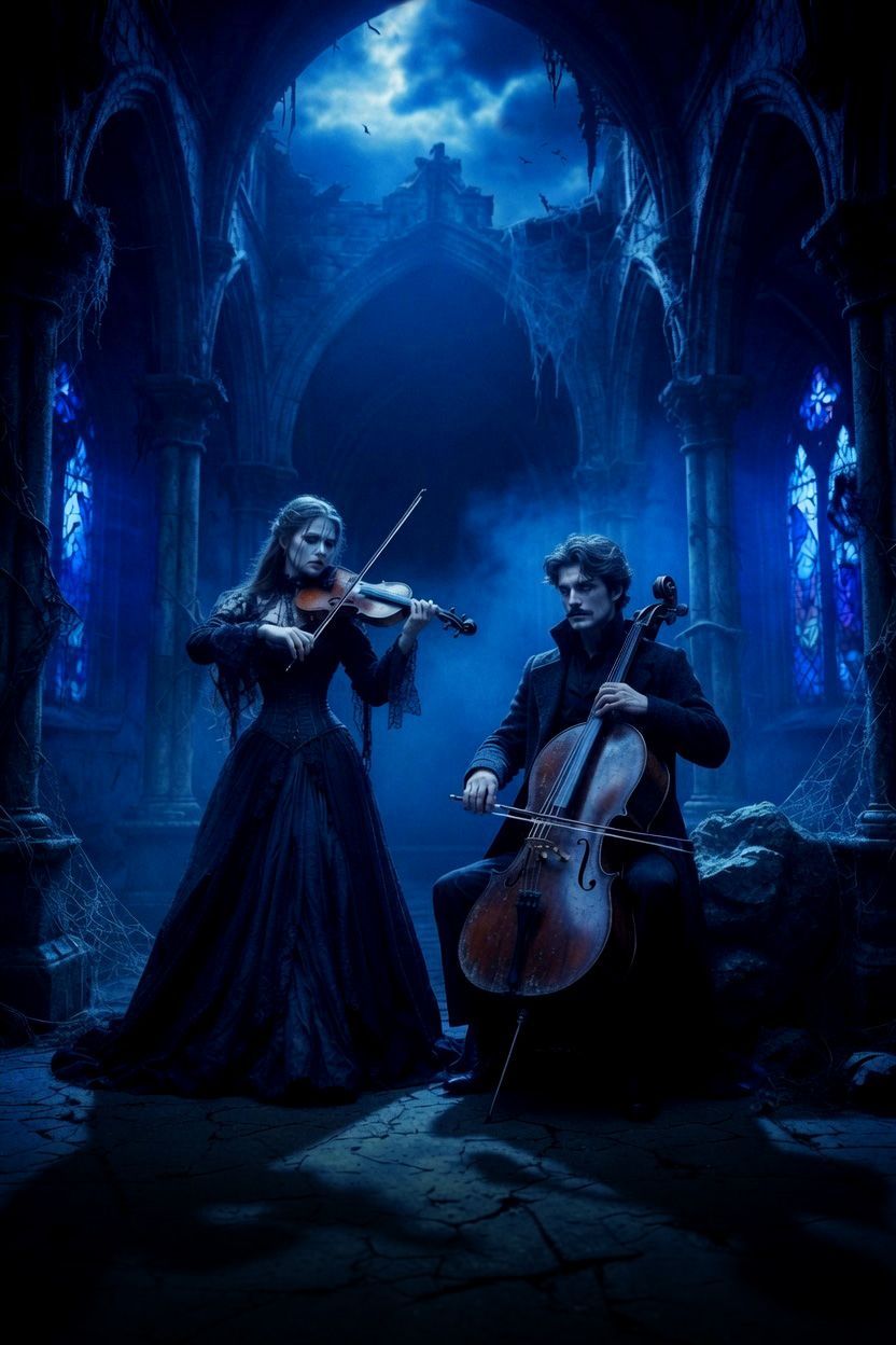 Seraphine and Lucian, the Eternal Duet — the Vampire’s bound thralls performing on violin and cello inside a dramatic Gothic cathedral for the Hallows’ Eve Monster Bash.