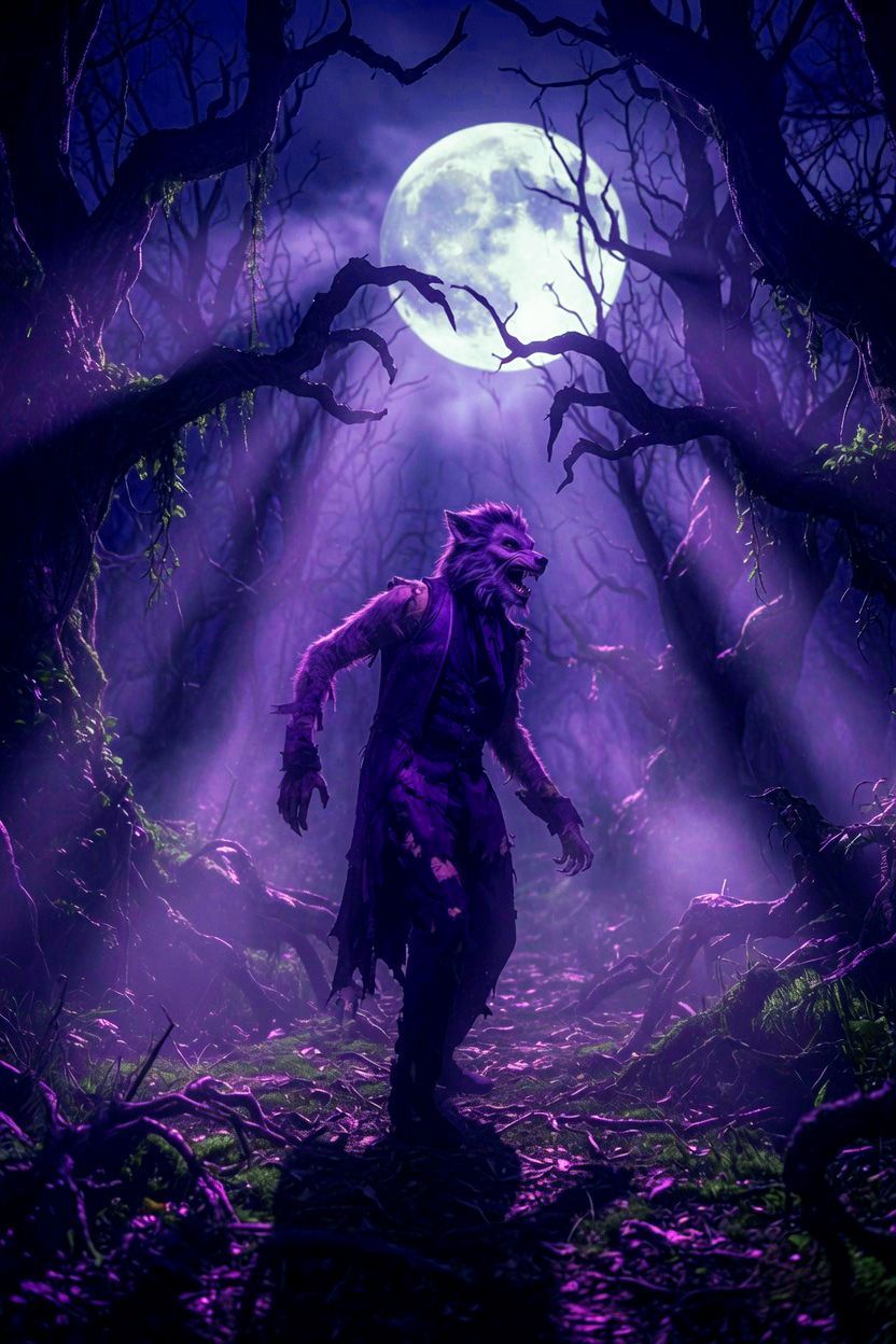 The Wolfman performing under a full moon in a foggy fantasy forest during his Deep Purple set at the Hallows’ Eve Monster Bash.