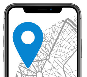Smartphone screen displaying a blue location pin over a gray map of roads.