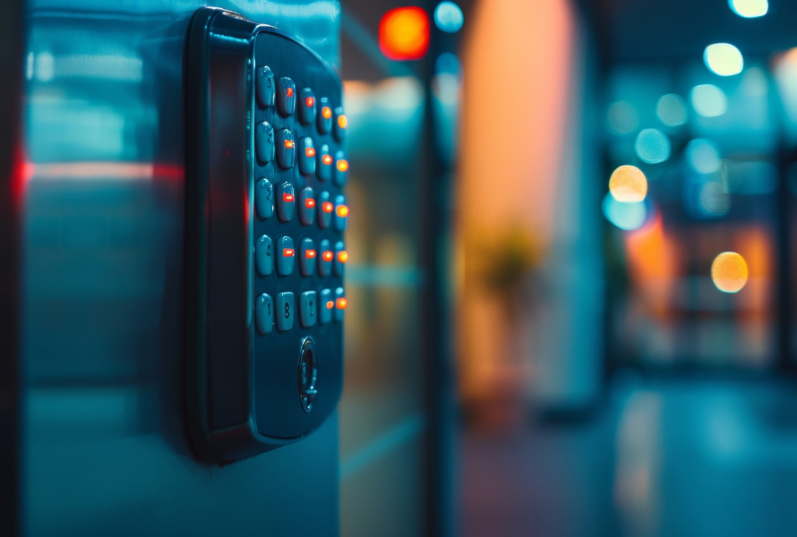 Keypad security system on a silver wall, glowing buttons in focus, hallway background with blurred lights.