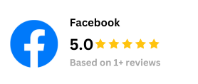 Facebook app icon with 5-star rating, blue logo, and "Based on 1+ reviews" text.