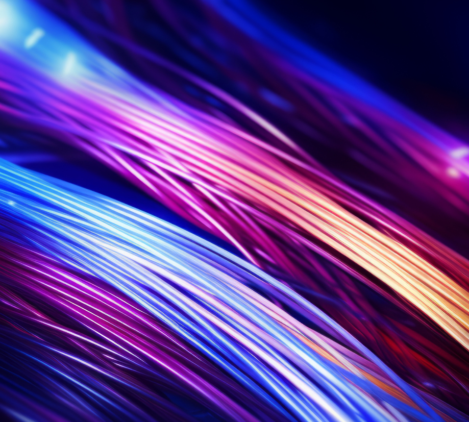 Abstract image of glowing fiber optic cables in shades of blue, purple, and orange.