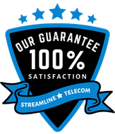 Guarantee badge: Black and blue shield with text "Our Guarantee 100% Satisfaction" and "Streamline Telecom".