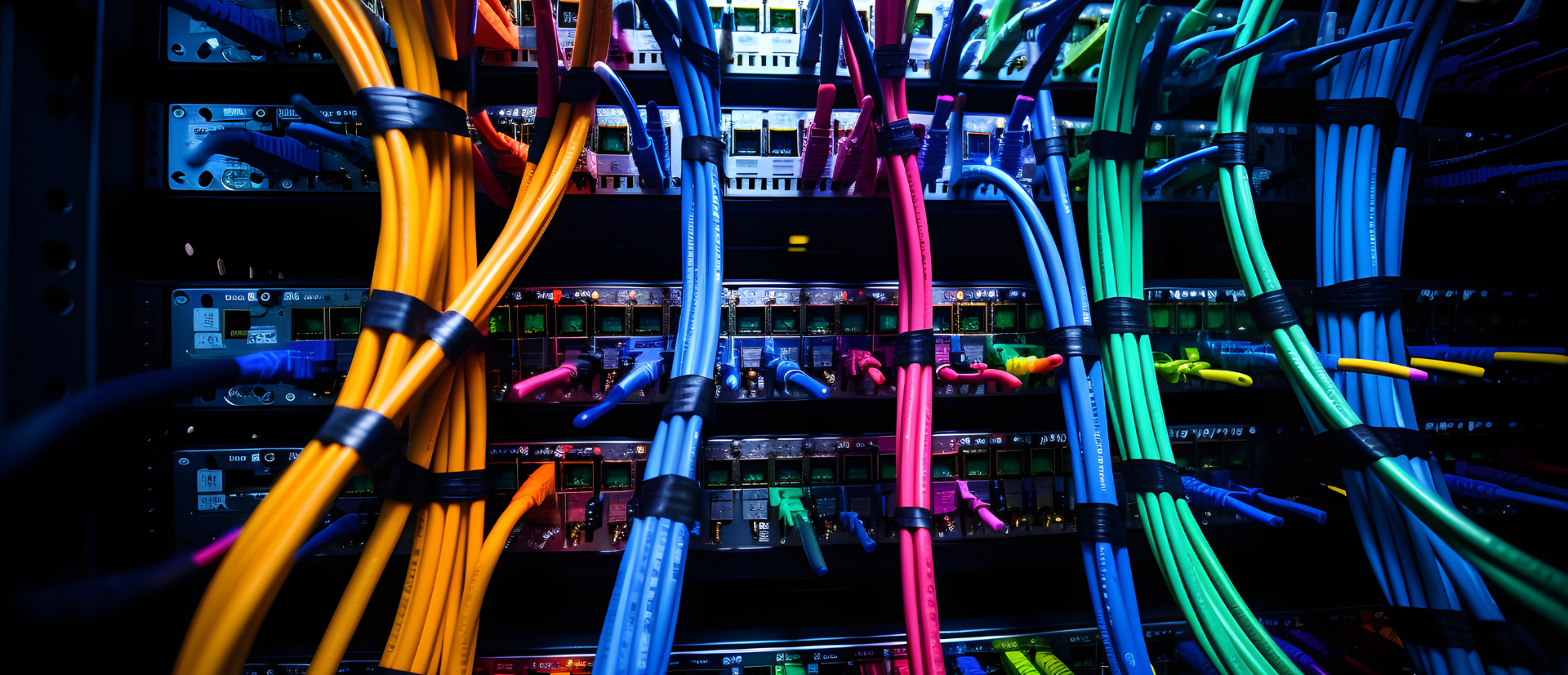 Colorful network cables in a server room, providing data connections.