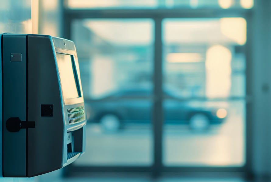 Gray security keypad mounted on a wall, with a blurred view of a car outside through glass doors.