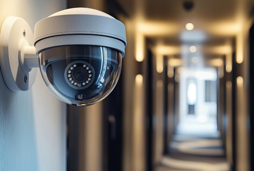 Security camera mounted on wall overlooking hotel hallway.