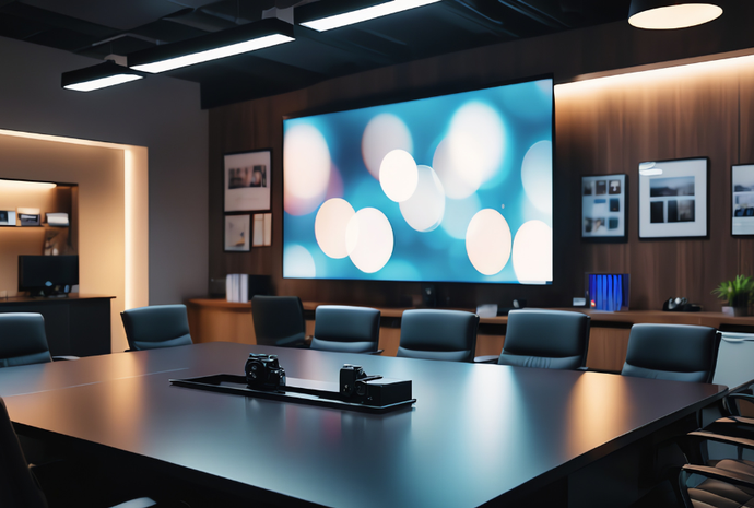 Conference room with large AV screen displaying blurry blue and white lights, empty chairs around a table.