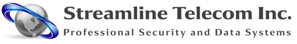 Streamline Telecom Inc. logo: Globe with blue accents and company name, "Professional Security and Data Systems" tagline.