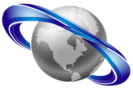 Globe encircled by blue arcs.