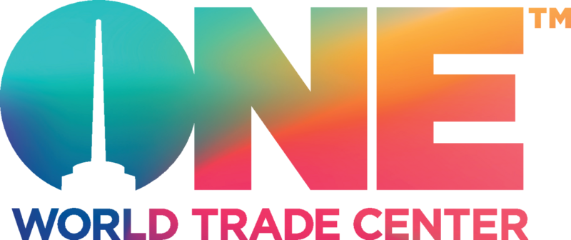 Logo for One World Trade Center with colorful gradient text and building silhouette.