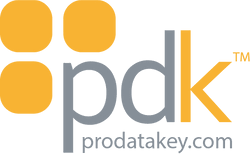 Logo for ProDataKey: Four orange squares, gray 