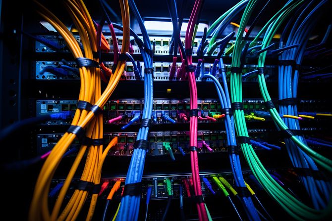Telecom installation - network server rack with colorful cables plugged into switches.