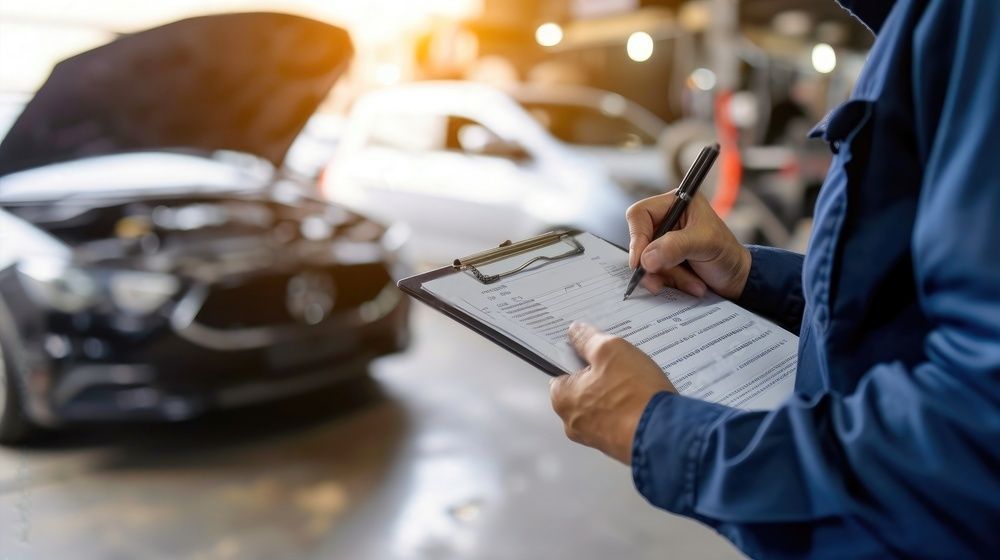 Een monteur schrijft op een klembord voor een auto.