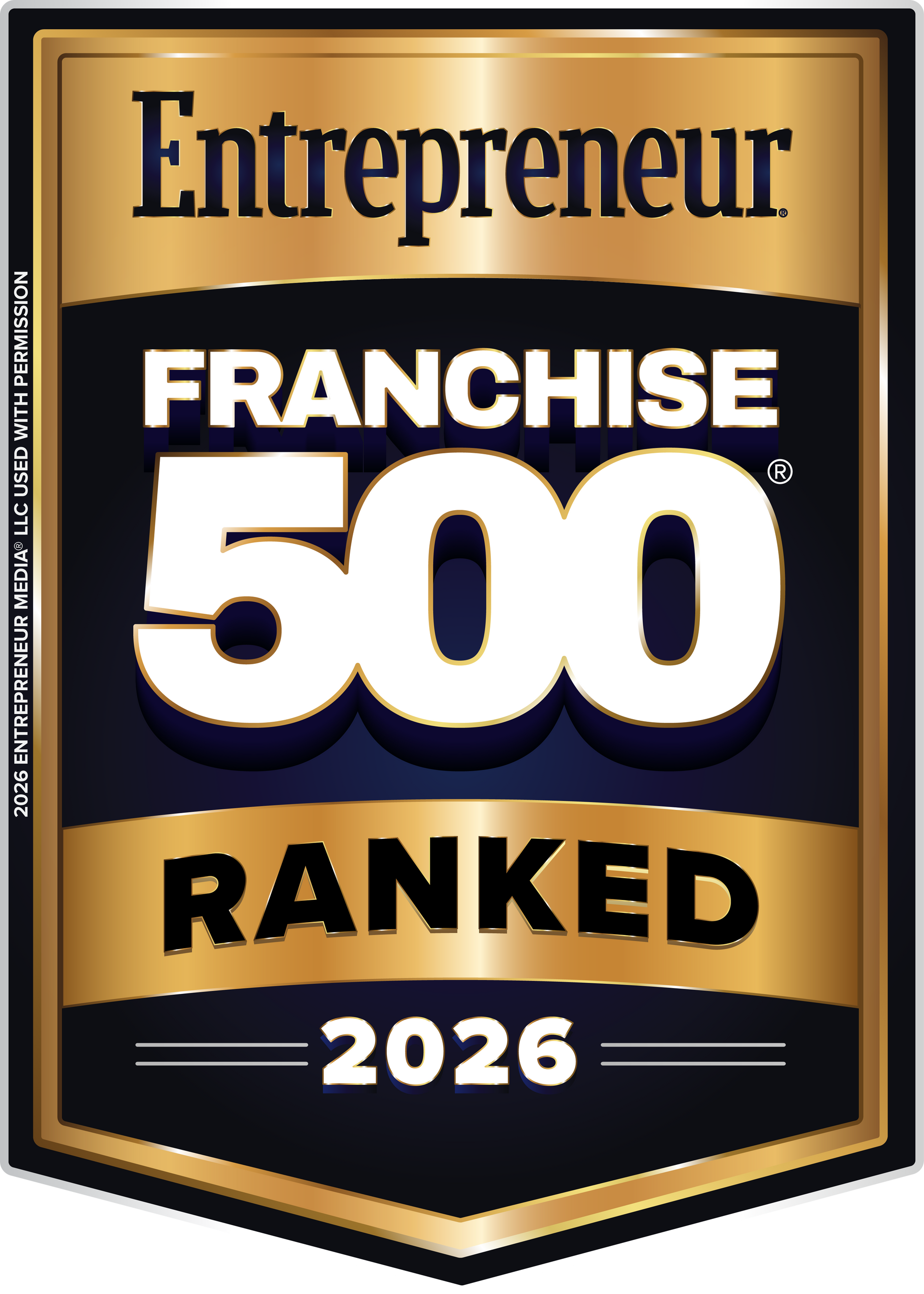 Entrepreneur Franchise 500 ranked 2026 badge in gold, black, and white