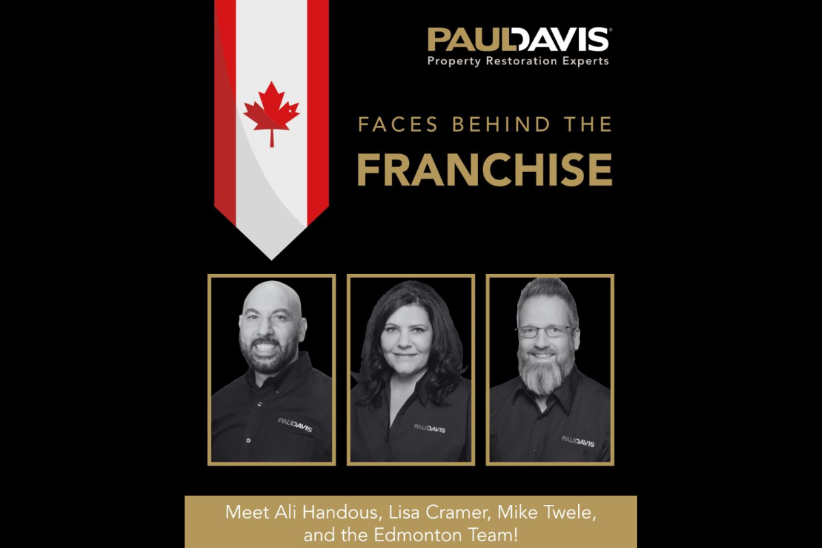 Promotional graphic for Paul Davis franchise, featuring headshots of 3 people: Ali Hendrix, Ian Cuerrier, and Mike Towle.