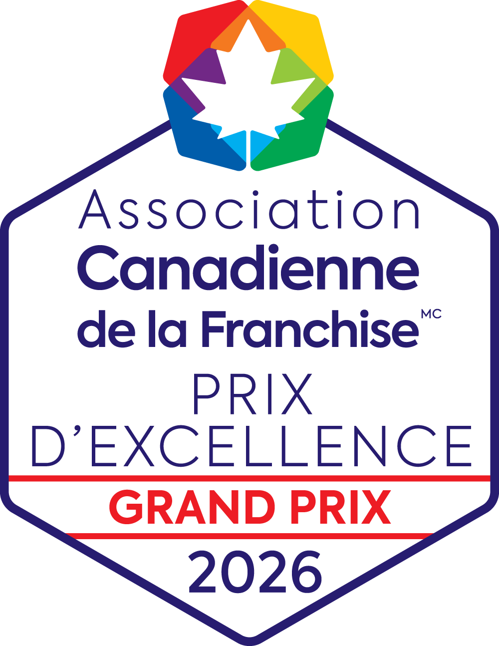 Logo de l’Association Canadienne de la Franchise, Prix d’excellence Grand Prix 2026 en bleu et rouge