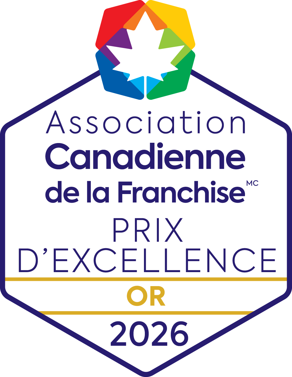 Logo du Prix d’Excellence Or 2026 de l’Association Canadienne de la Franchise, en bleu, violet, orange et vert