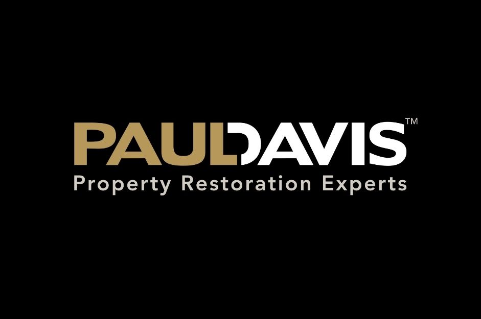 PAULDAVIS logo with gold and white text on a black background, reading “Property Restoration Experts”