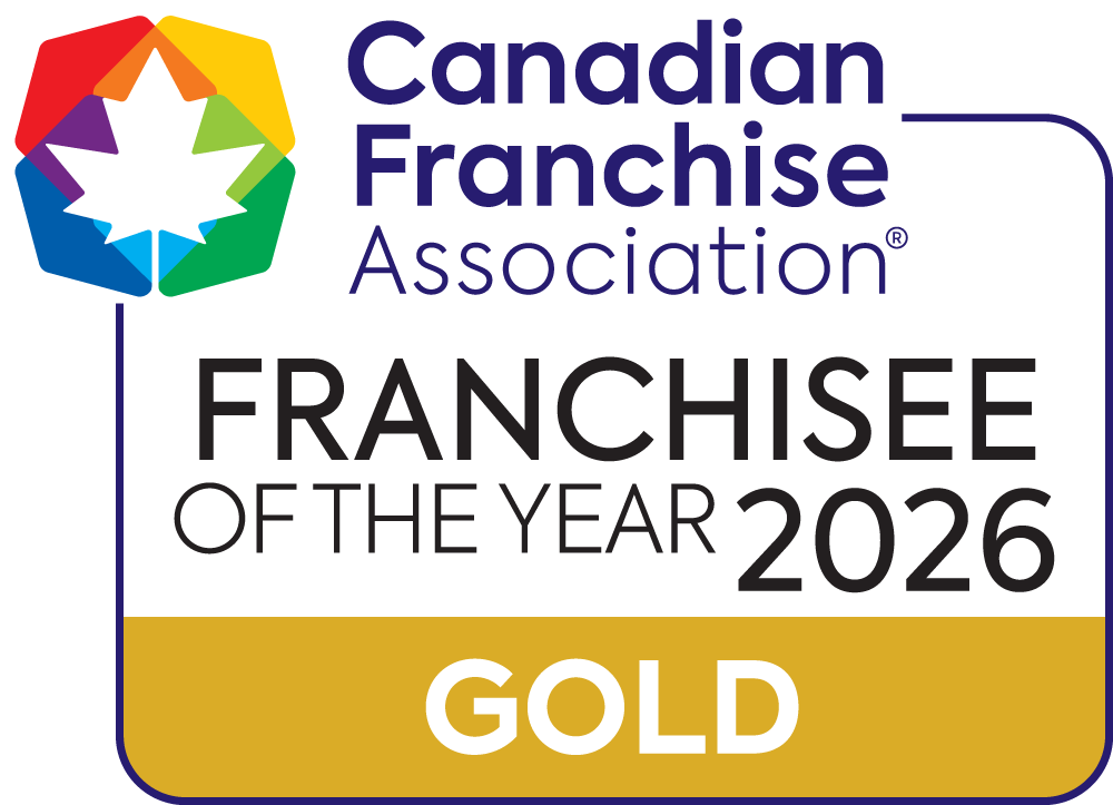 Canadian Franchise Association Franchise of the Year 2026 Gold award badge with multicolor maple leaf logo